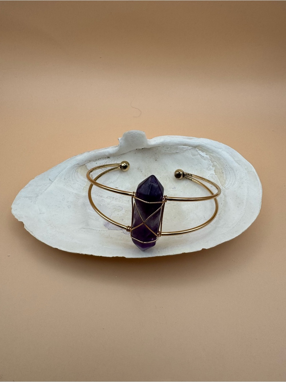 Gold Wire Cuff Bracelet with Purple Crystal